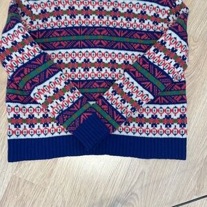 J. Crew Blue and Red Crew Neck Sweater with Geometric Pattern